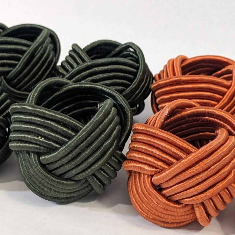 8pc Williams Sonoma Woven Knot Napkin Rings Green Orange Satin Cord Turk's Head